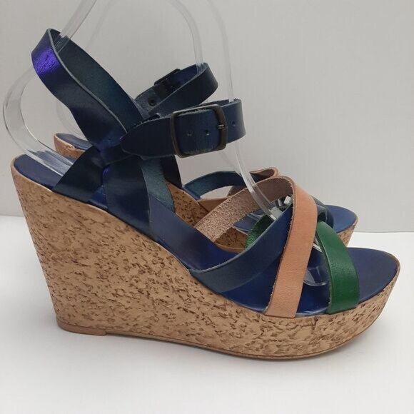 LULU BRAVO Italy Strappy Open Toe Platform Chunky Wedge Heels Sz 8.5 - Picture 3 of 16